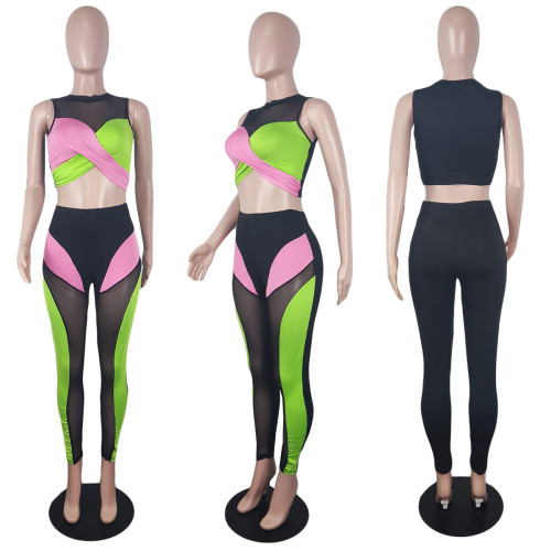Perspective Women's Contrast Color Patchwork Mesh Sleeveless Pants Suit Sexy Casual Sportswear