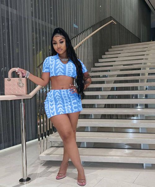 Women's Skinny Print Bright Sexy Short Sleeve Skirt Two Piece