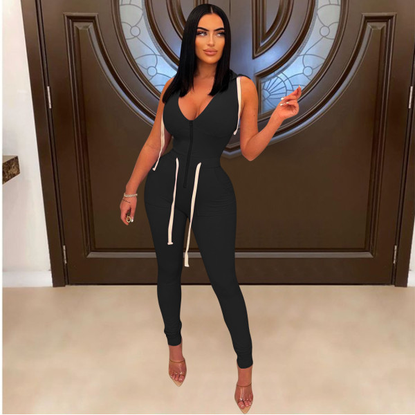Stylish lace-up V-neck hooded jumpsuit