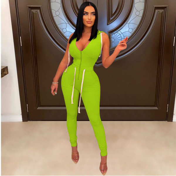 Stylish lace-up V-neck hooded jumpsuit