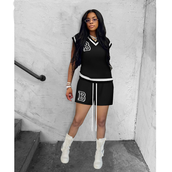 Women's Sleeveless Ribbed Short Sleeve Shorts Tracksuit Solid Stretch B Embroidered Two Piece