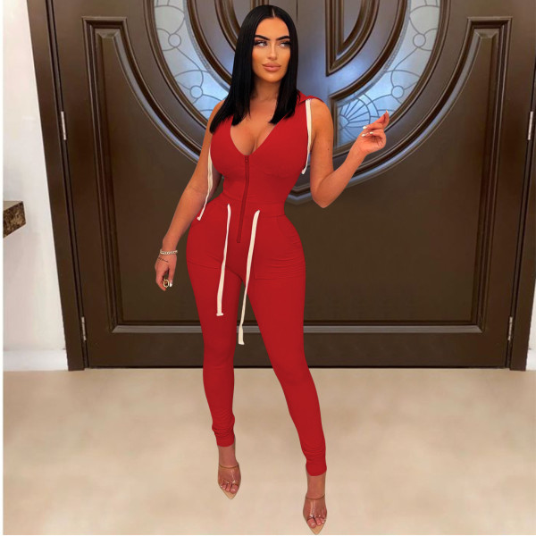 Stylish lace-up V-neck hooded jumpsuit