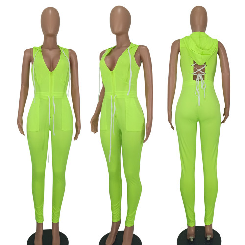Stylish lace-up V-neck hooded jumpsuit