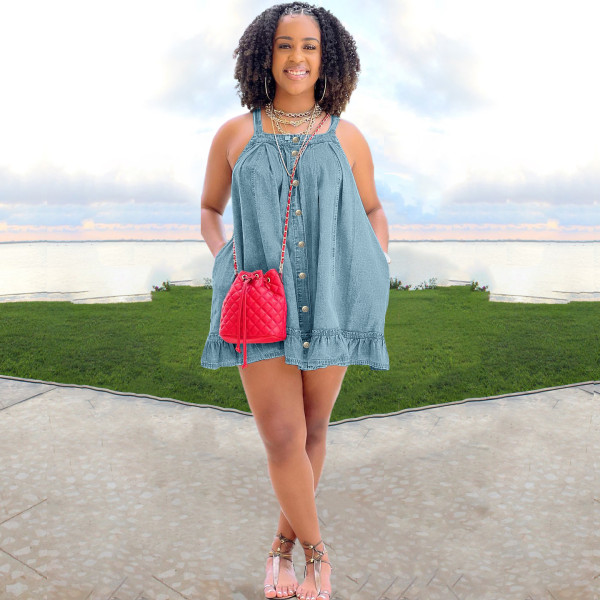 Solid Color Sling Button Pocket Loose Washed Denim Dress
