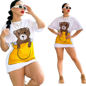 Fashionable White Bear Print Short Sleeve Dress