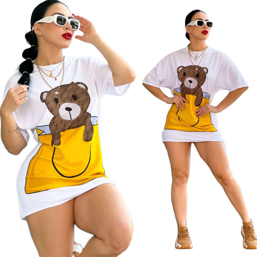 Fashionable White Bear Print Short Sleeve Dress