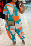 Women's Loose Statement Print Stand Collar Jumpsuit with Pockets