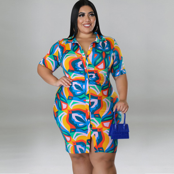 Plus Size Printed Short Sleeve Long Shirt