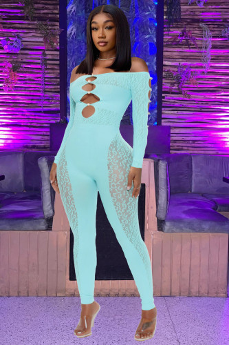 Sheer Leopard Print Pearl Buckle Off-Shoulder Sexy Jumpsuit