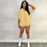 Sexy Fashion Shorts Set Button Stripe Shirt Two Piece