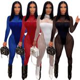Mesh Striped Panel Sexy Sheer Jumpsuit