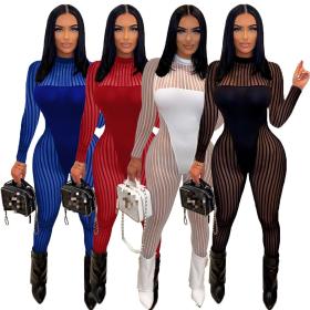 Mesh Striped Panel Sexy Sheer Jumpsuit