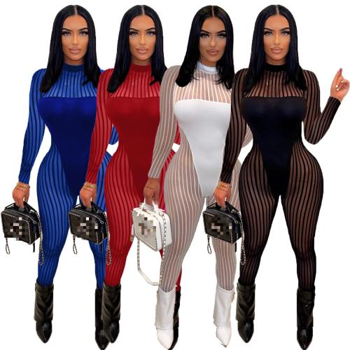 Mesh Striped Panel Sexy Sheer Jumpsuit