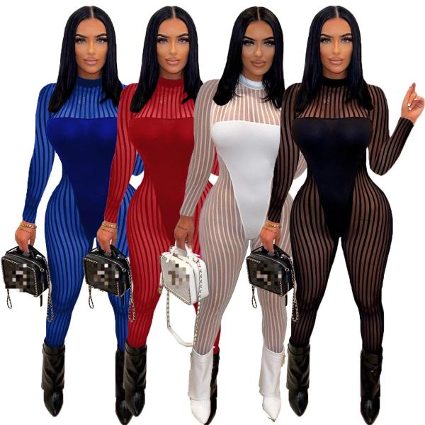 Mesh Striped Panel Sexy Sheer Jumpsuit