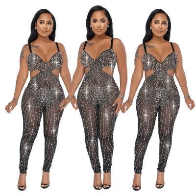 Hot drill mesh sexy suspender jumpsuit
