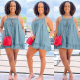 Solid Color Sling Button Pocket Loose Washed Denim Dress
