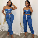 Women's Fashion Tube Top Eyelet Strap Casual Two-piece Set