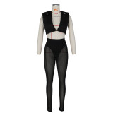 Sexy Perspective Mesh High Waist Hip Raise Navel Short Vest Top Two Piece Suit