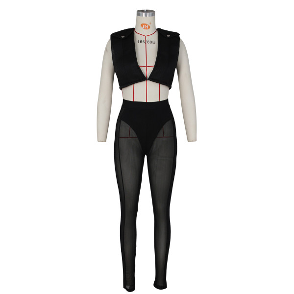 Sexy Perspective Mesh High Waist Hip Raise Navel Short Vest Top Two Piece Suit