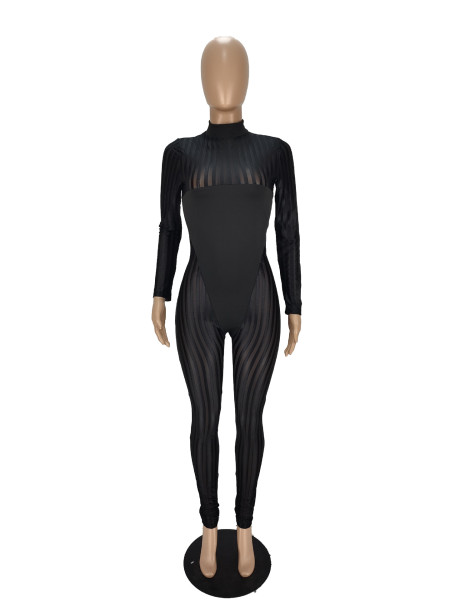 Mesh Striped Panel Sexy Sheer Jumpsuit