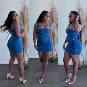 Sexy Fashion Sling Tube Top Summer Denim Two-piece Set