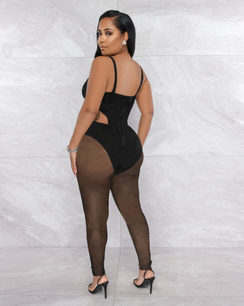 Hot drill mesh sexy suspender jumpsuit