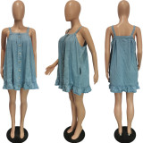 Solid Color Sling Button Pocket Loose Washed Denim Dress