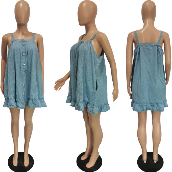 Solid Color Sling Button Pocket Loose Washed Denim Dress