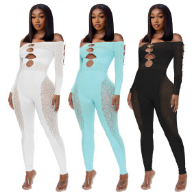 Sheer Leopard Print Pearl Buckle Off-Shoulder Sexy Jumpsuit