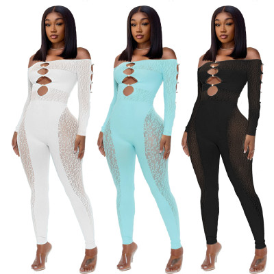 Sheer Leopard Print Pearl Buckle Off-Shoulder Sexy Jumpsuit