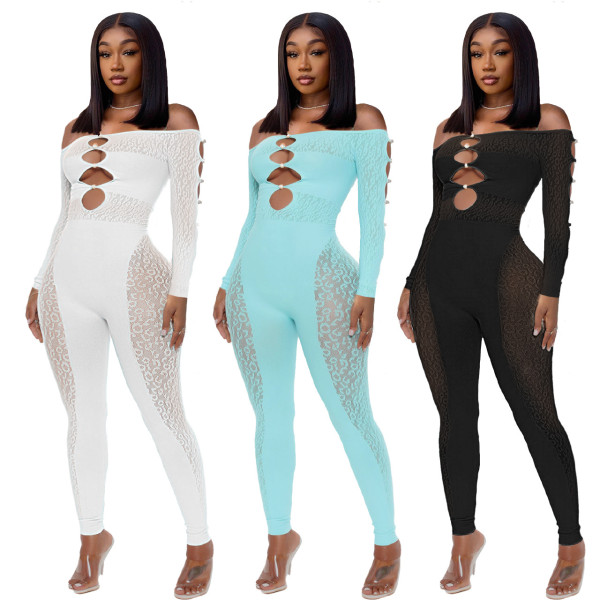 Sheer Leopard Print Pearl Buckle Off-Shoulder Sexy Jumpsuit