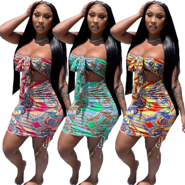 Irregular straps on the chest Sexy retro print irregular dress