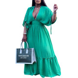 Sexy Deep V Tunic Waist Flared Sleeve Loose Swing Skirt