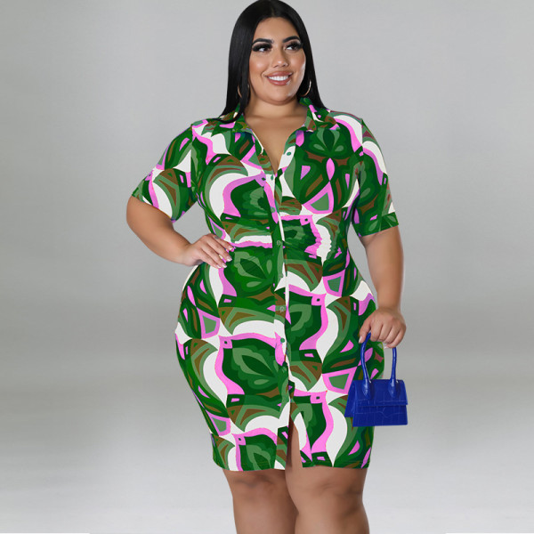 Plus Size Printed Short Sleeve Long Shirt