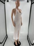 Fashion Solid Color Sexy Backless Hollow Out V-Neck Slit Dress