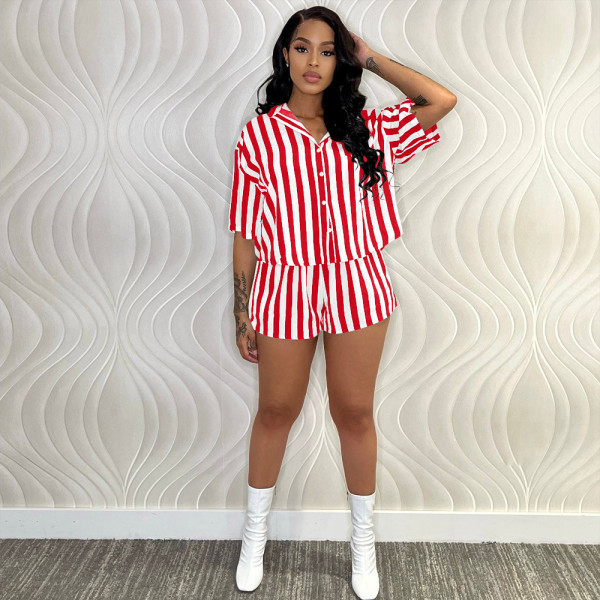 Sexy Fashion Shorts Set Button Stripe Shirt Two Piece