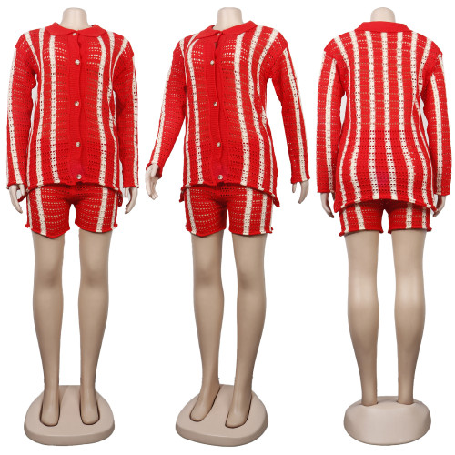 Turtleneck Slim Fit Cardigan Button Stripe Sweater Two Piece