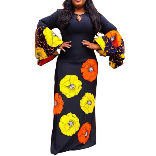 Slim-fit paneled long-sleeve printed maxi dress