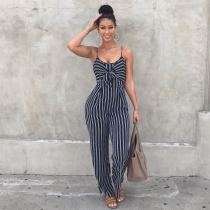 Slim-fit striped suspender bow jumpsuit