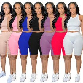 Solid Color Two-Piece Casual Pit Strip Shorts Suit Summer Slim Suit