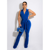 Shirt Collar Open Back Wide Leg Jumpsuit Belted