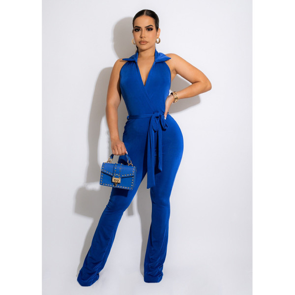 Shirt Collar Open Back Wide Leg Jumpsuit Belted