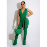 Shirt Collar Open Back Wide Leg Jumpsuit Belted