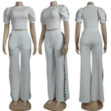 Solid Color Simple Round Neck Lantern Short Sleeve + Trousers Two-piece Set