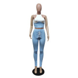 Women's casual pit strip color matching two-piece suit