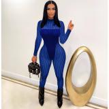 Mesh Striped Panel Sexy Sheer Jumpsuit