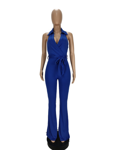 Shirt Collar Open Back Wide Leg Jumpsuit Belted