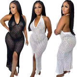 Fashion Solid Color Sexy Backless Hollow Out V-Neck Slit Dress