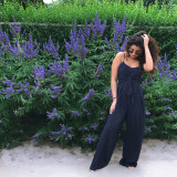 Slim-fit striped suspender bow jumpsuit
