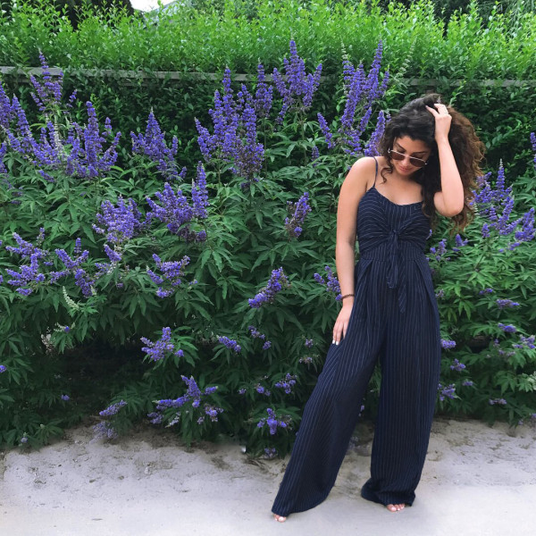 Slim-fit striped suspender bow jumpsuit
